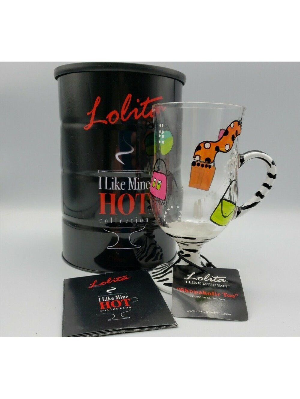 Lolita Mug I Like Mine Hot Shopaholic Too Glass 9 oz NEW in Can Coffee Cocoa Tea